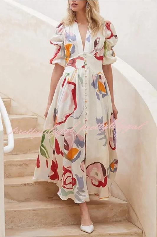 Fashion Sale Lover's Gaze Watercolor Floral Printed Puff Sleeve Button Maxi Dress