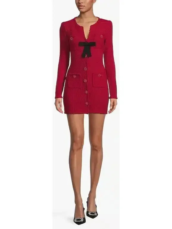 High-End Women’s Apparel Knit Red Mini Dress with Bow