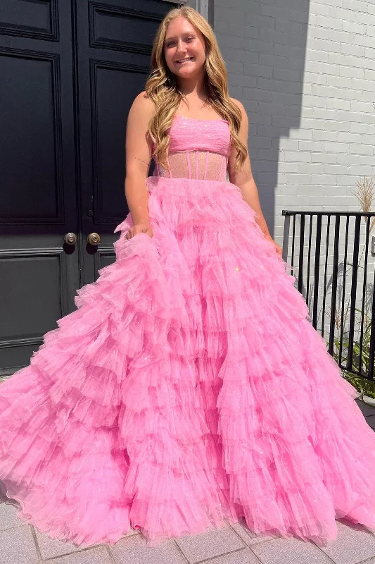 Clothing Sales Pink Strapless Tulle Sequin A-Line Prom Gown