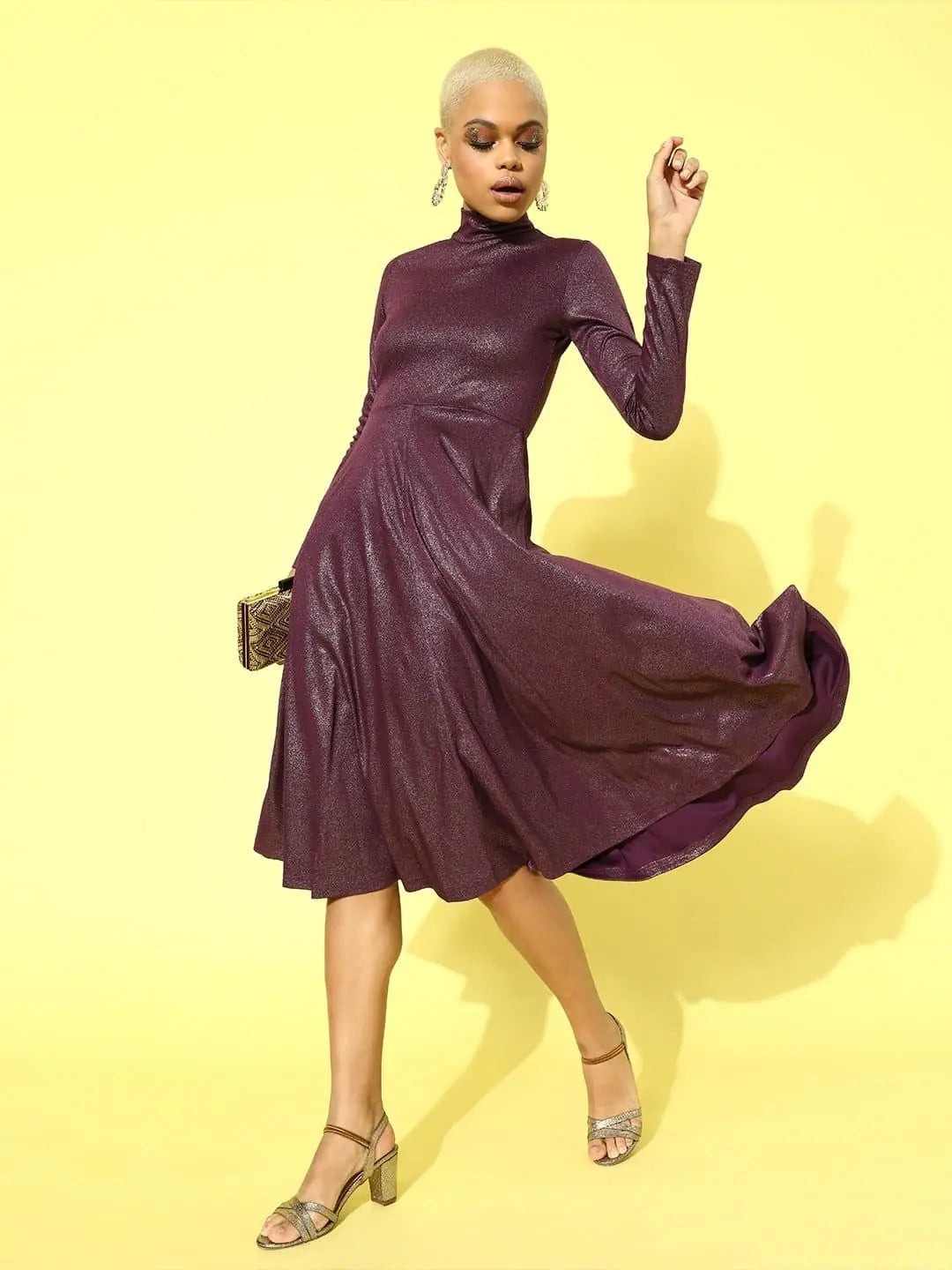 Special Offers, Don't Miss Purple Metallic High Neck Flared Midi Dress