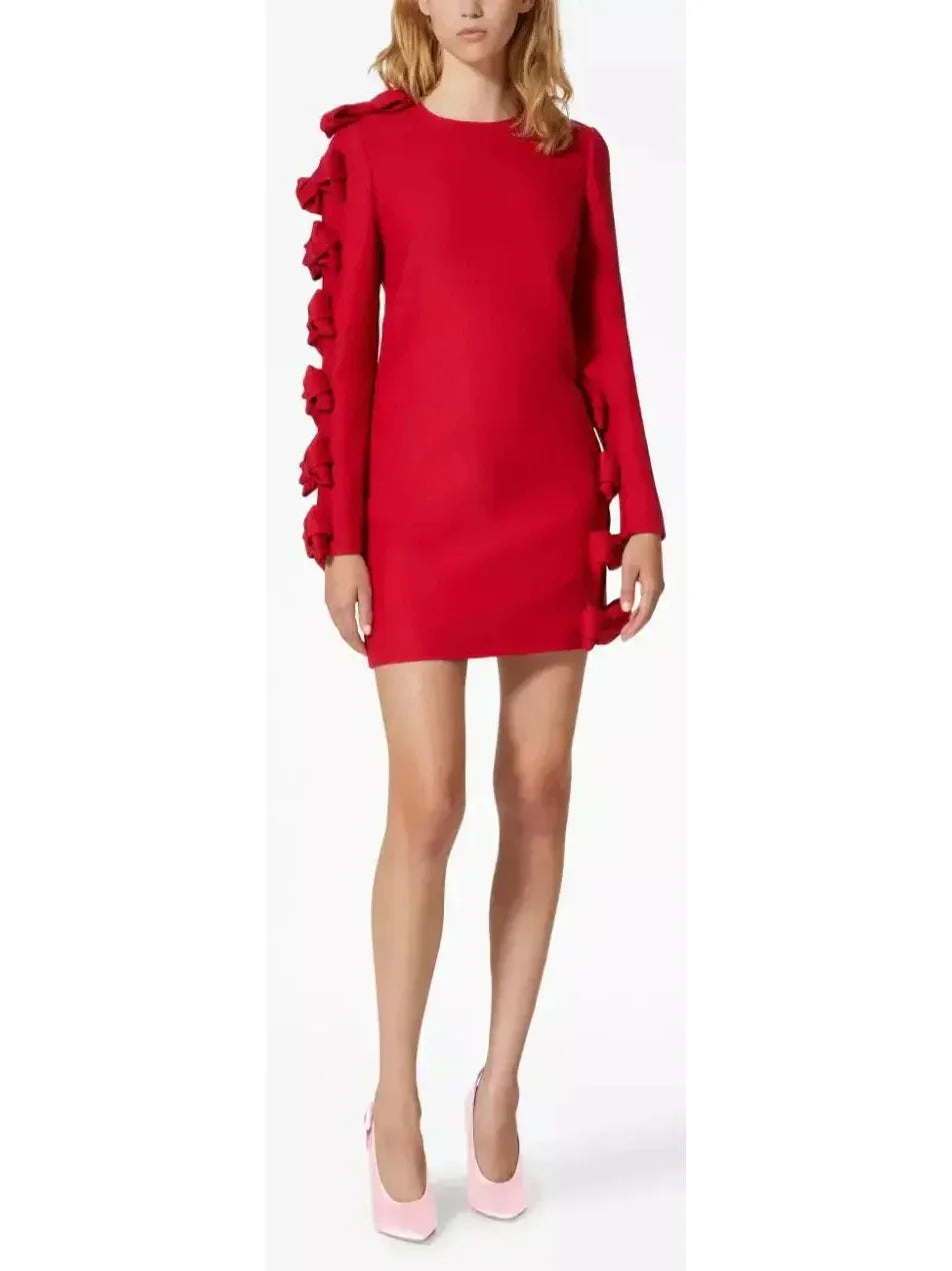 Early Bird Offer Crepe Couture Bow-Appliqué Mini Dress in Red