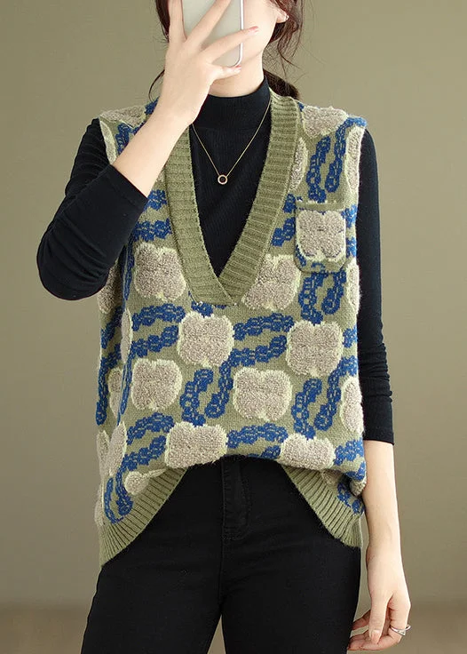 Luxury Women’s Fashion Floral Green V Neck Patchwork Cozy Knit Waistcoat Sleeveless