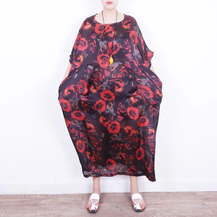 Chic Women’s Clothing Online boutique red floral silk dress oversize patchwork traveling clothing New o neck chiffon gown