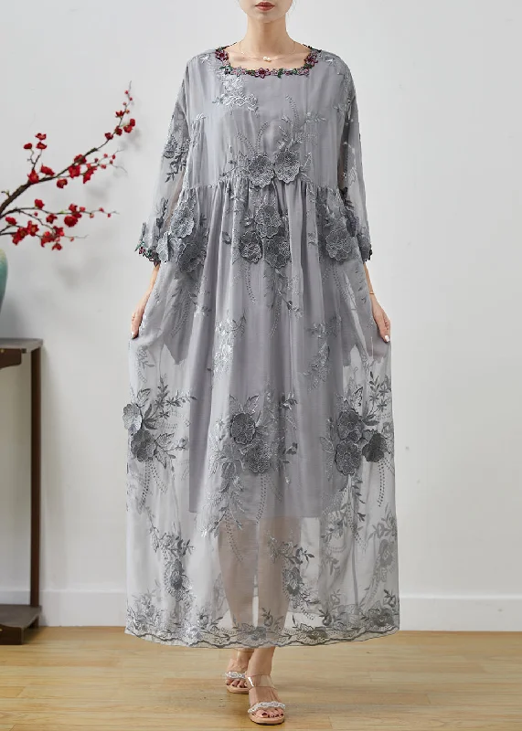 Vintage Women’s Fashion Bohemian Grey Embroidered Floral Silk Party Dress Spring