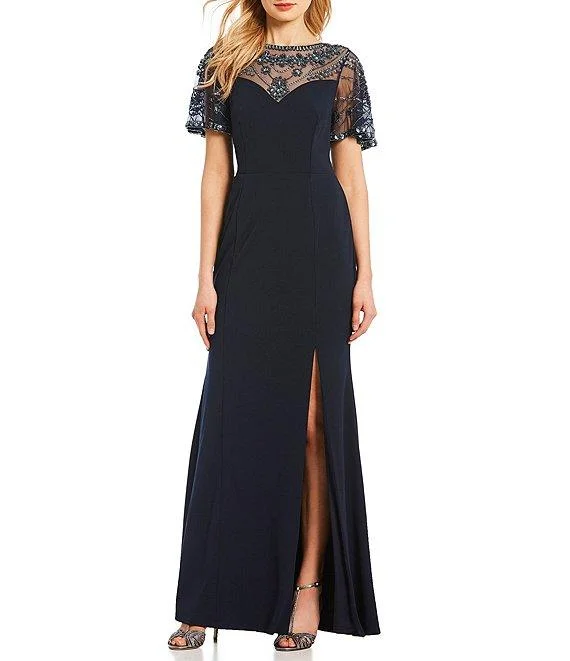 Eclectic Style Wardrobe Aidan Mattox - MD1E203616 Beaded Neckline Slit Column Gown