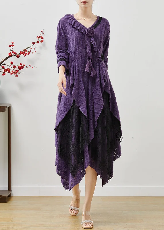 Absurdly Cheap Sale Elegant Lavender Asymmetrical Floral Cotton Long Dresses Fall