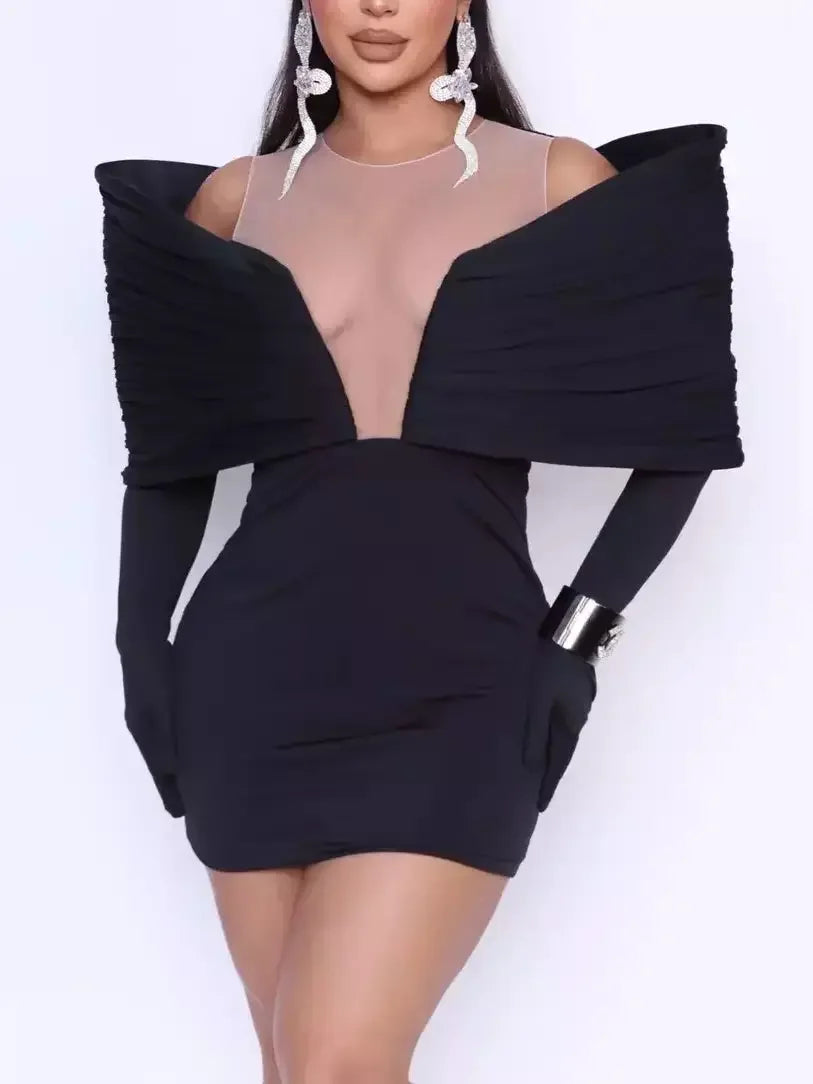 Attire Sale Off-Shoulder Mini Dress with Attached Gloves in Black