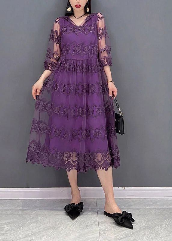 Women’s Evening Wear for Special Occasions Modern Purple V Neck Embroideried Floral Lace Patchwork Hooded Dress Long Sleeve