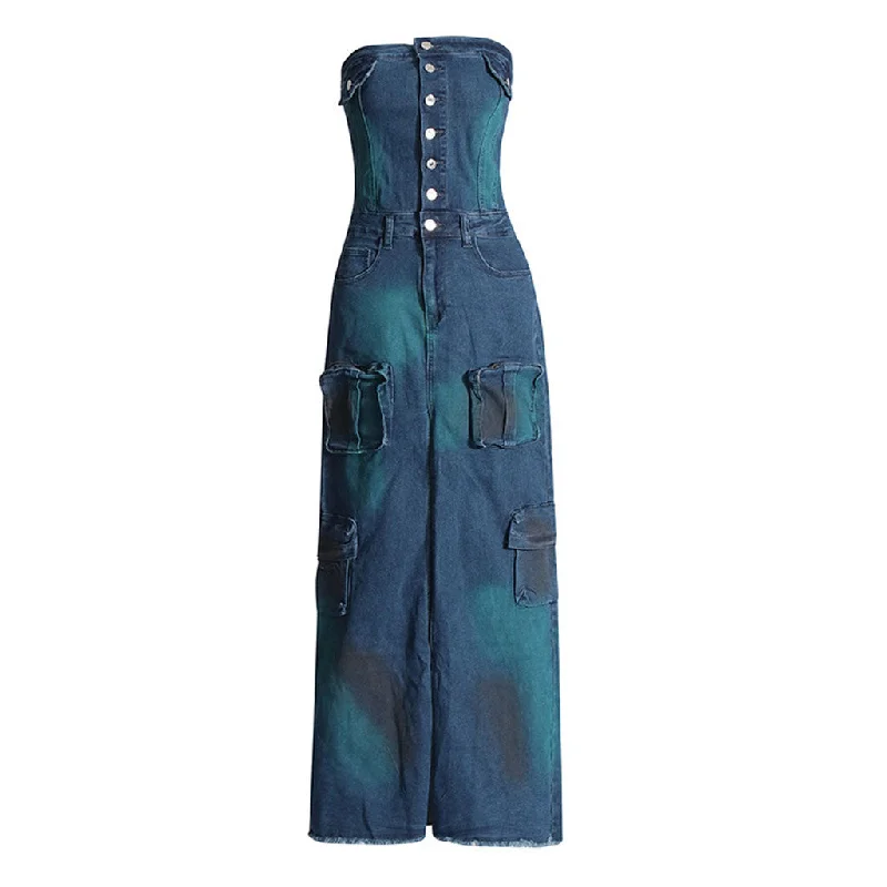 Women’s Evening Wear Chic Button Up Strapless Cargo Pocket Split Frayed Hem Denim Maxi Dress