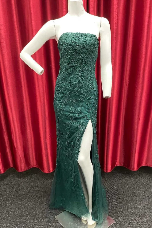 Flash Sales This Week Dark Green Appliques Strapless Long Prom Gown with Slit