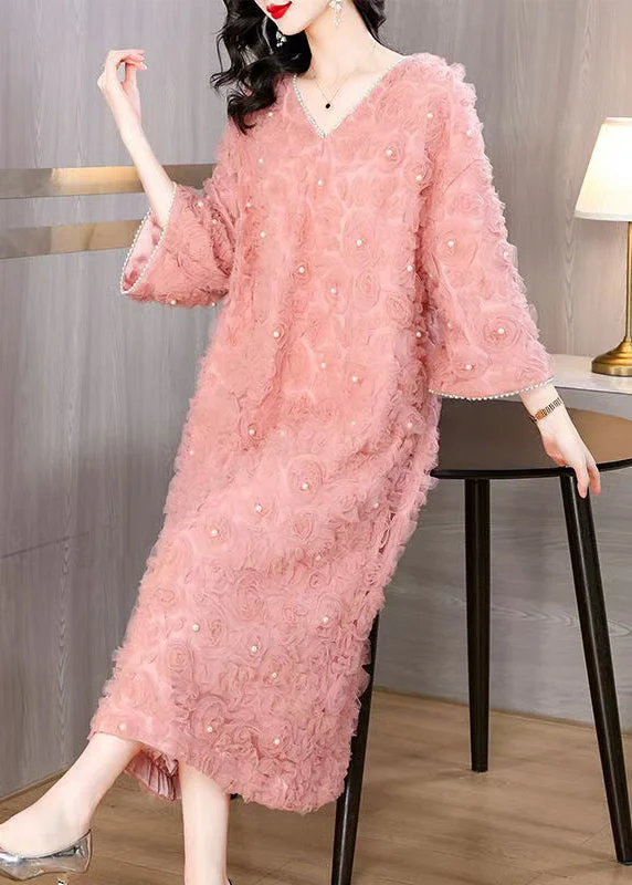 Chic Women’s Clothing for Work and Travel Floral Pink V Neck Nail Bead Tulle Long Dresses Spring