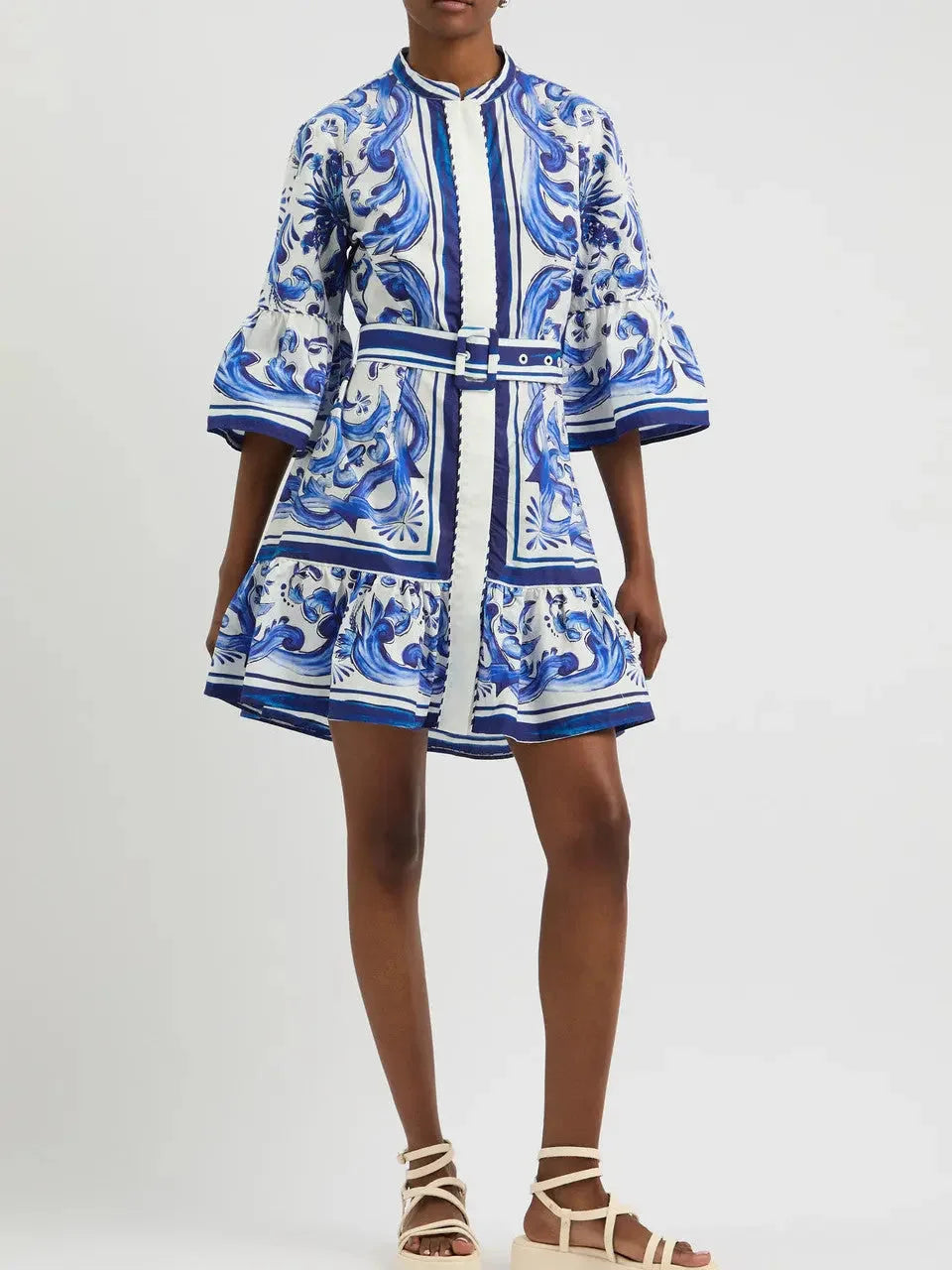 Sale On Clothing Belted Blue and White Tile Printed Flared Mini Dress