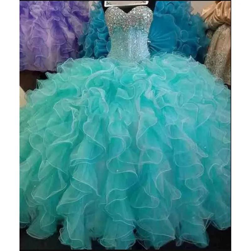 Women's Clothing Amazing Ruffle Organza Crystal Ball Gown Turquoise Quinceanera Dress Girls Sweet 16 Party Gown Debutante Gown