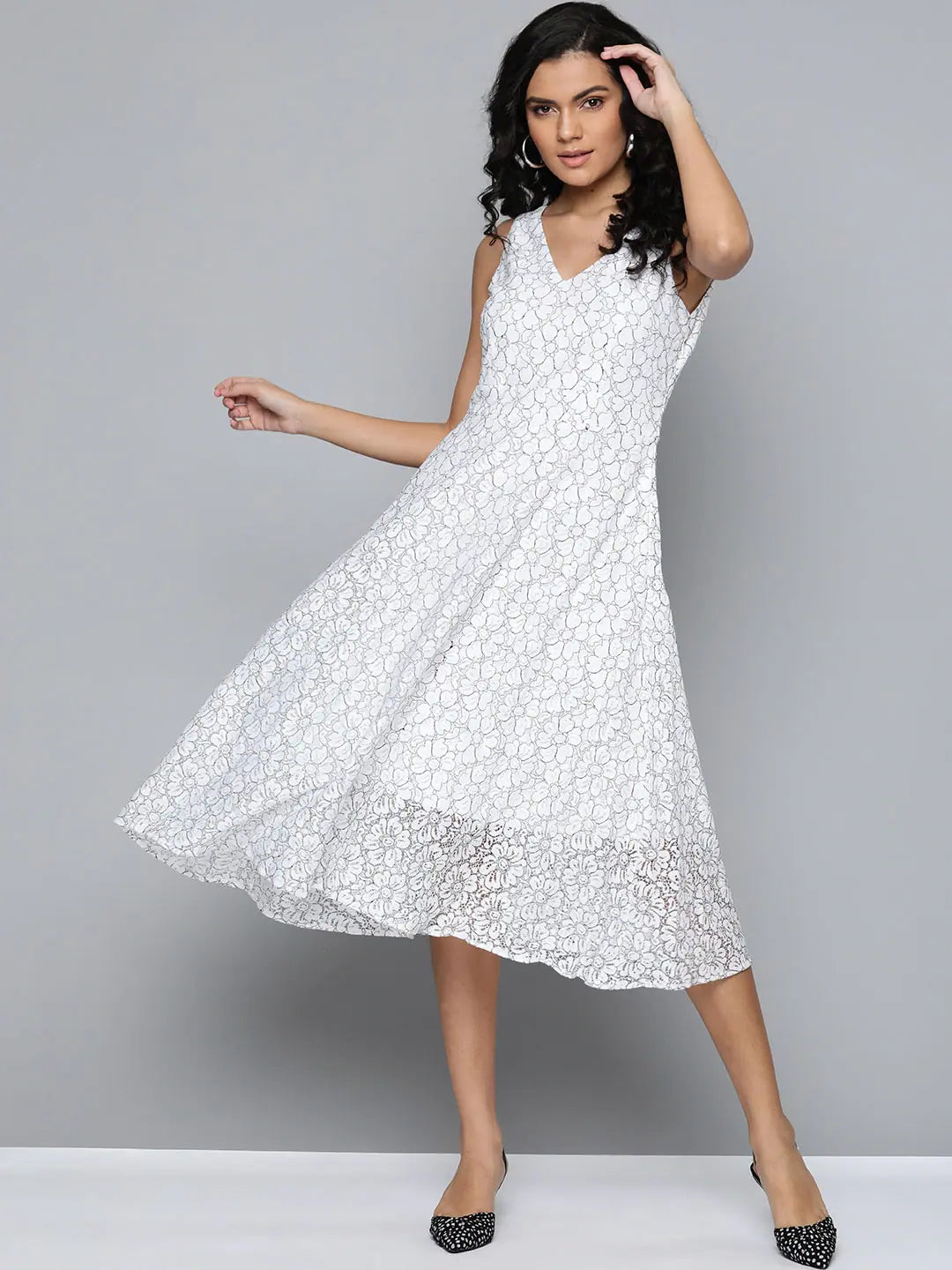 Hot Deals White Lace V-Neck Midi Dress