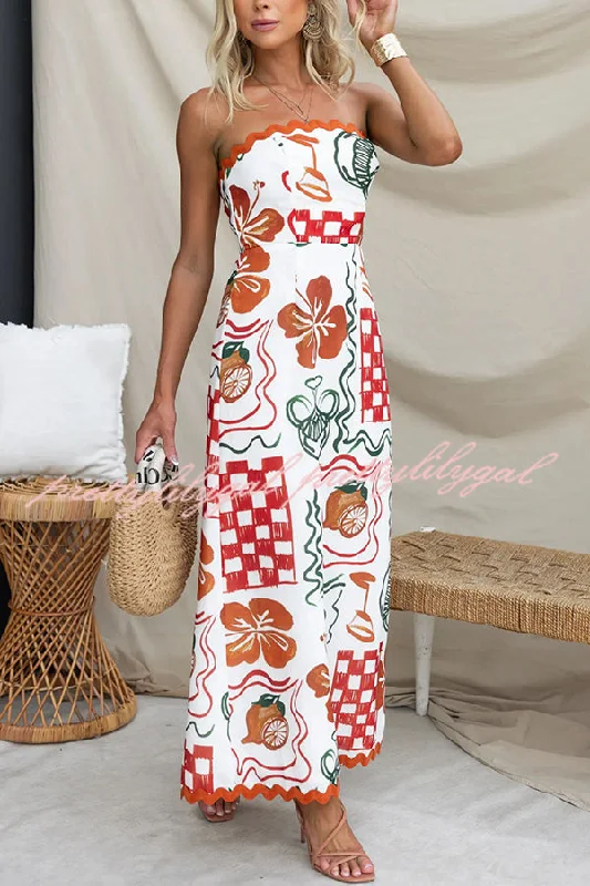 Fashionable Dresses for Women Cypress Unique Print Ric Rac Trim Back Smocked Strapless Maxi Dress