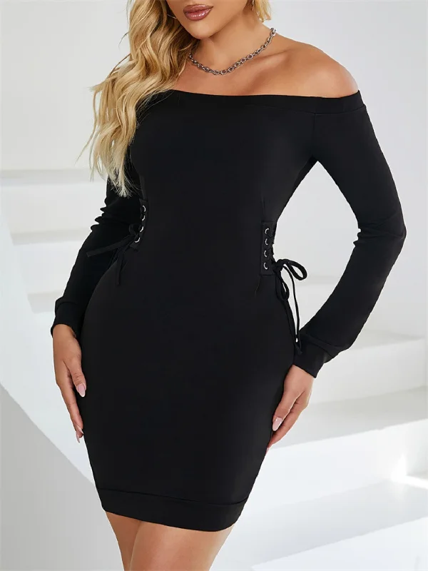 Best Clearance Sales Right Now Lace-Up Off Shoulder Long Sleeve Mini Dress