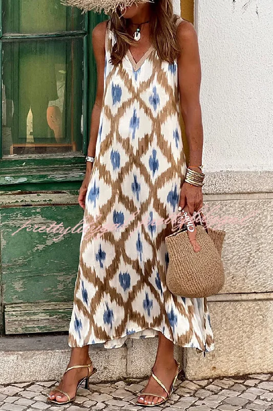 Hot Picks Irregular Print Elastic Waist V Neck Slit Maxi Dress