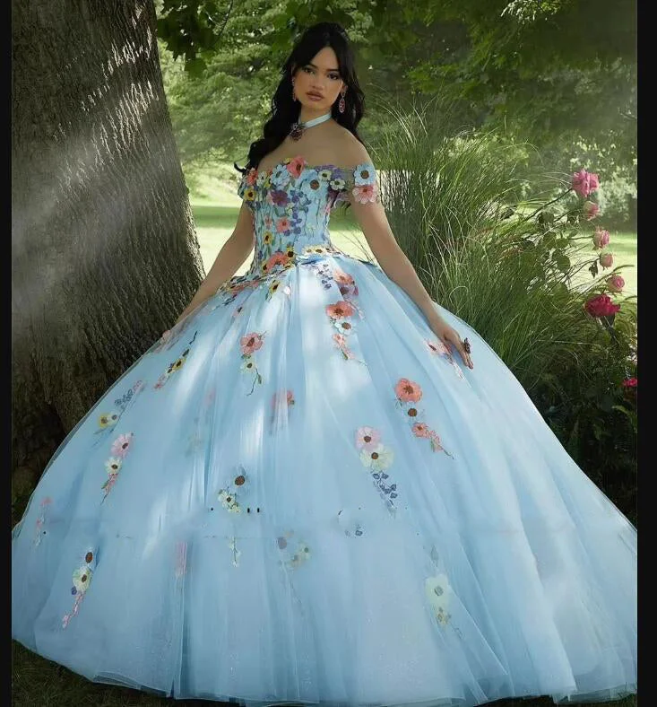 You'Ll Love Us Because Colorful Blue/Lavender Quinceanera Dresses for Girls Strapless Off the Shoulder 3D Flowers Vestidos 15 De Quinceañera Customized PL12270