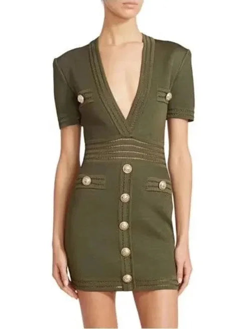 Women’s Clothing for Every Season and Trend Button-Embellished V-Neck Mini Dress, Green