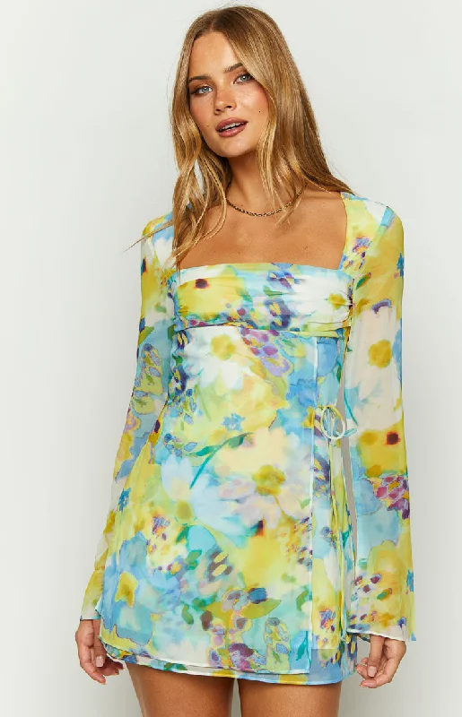 Effortless Everyday Wear Lucy Blue Floral Long Sleeve Mini Dress