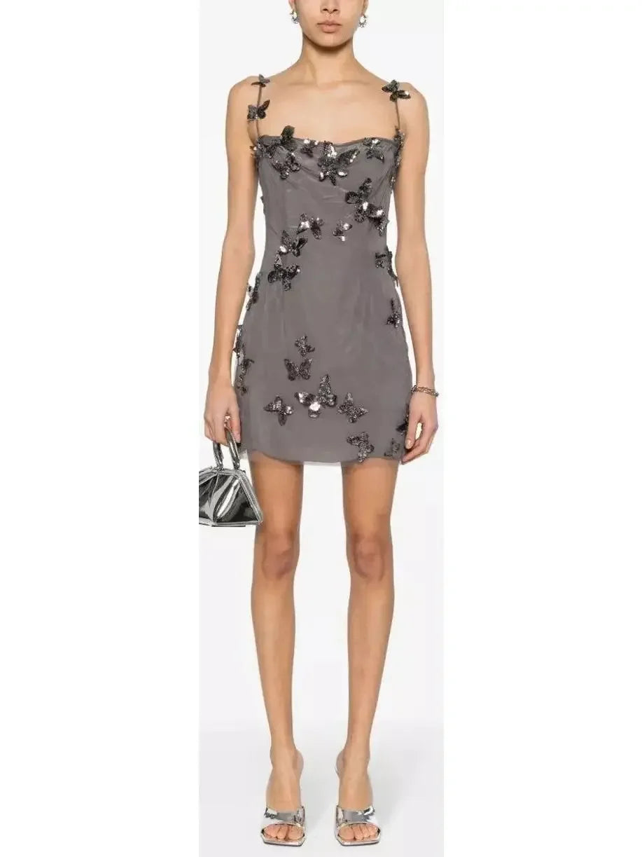 Trend Forward Threads For Her Backless Butterfly-Sequin-Applique Mesh-Overlay Mini Dress