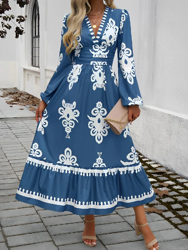 Vintage Style Clothing Sale Lantern Lonh Sleeve V Neck Boho Printed Maxi Dress