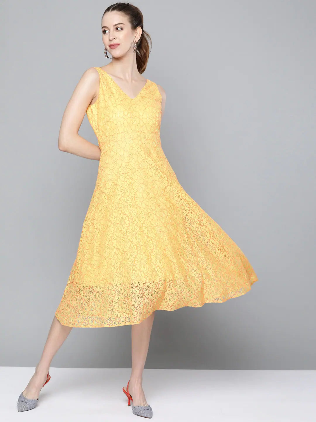 Shop Our Looks Yellow Lace V-Neck Midi Dress