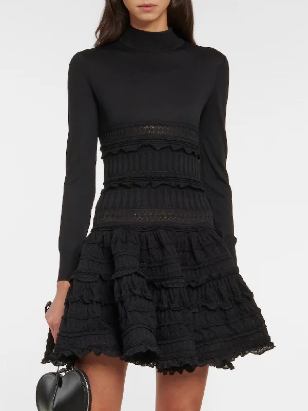 Limited Stock, Big Sale Ruffled Paneled Knit Mini Dress in Black