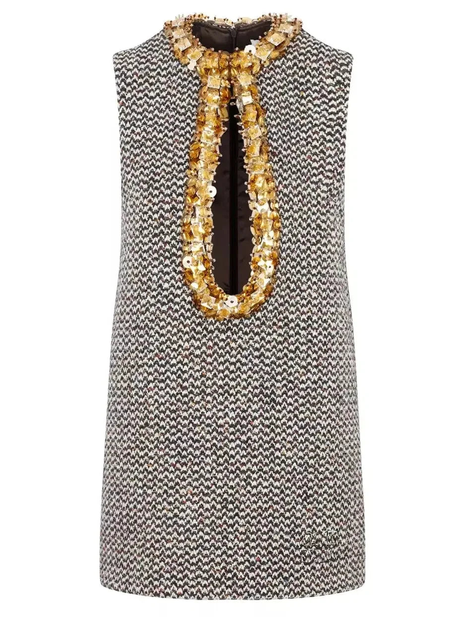 Break Fashion Norms Embellished Boucle-Tweed Sleeveless Mini Dress