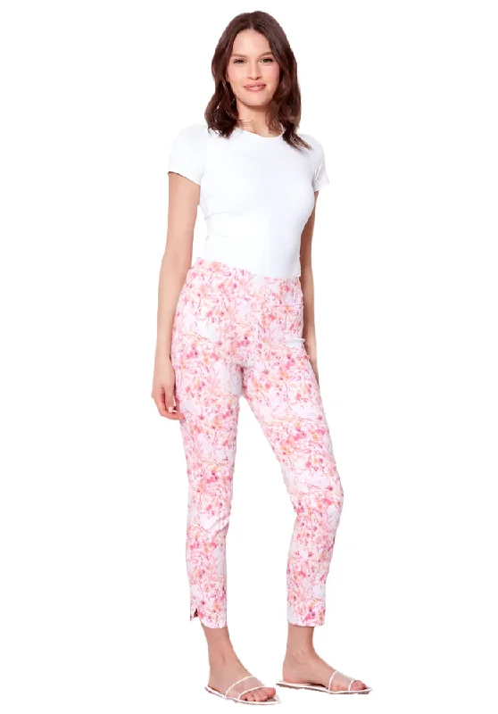 Break Fashion Norms UP! Ginger Petal-Slit Techno Ankle Pant - White Floral Ginger Print