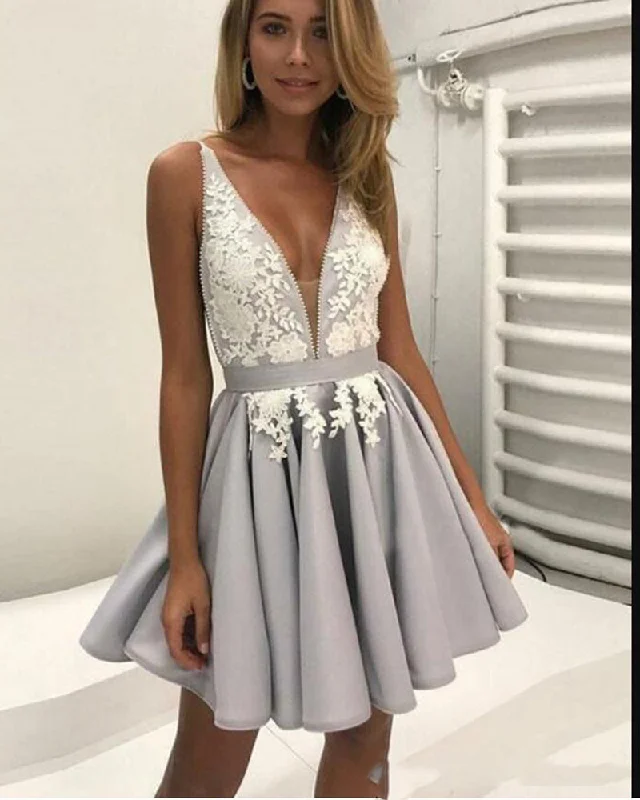 Women's Clothes Online Shopping Cute V Neck Lace Gray Short Prom Gown Junior Graduation Homecoming Party Dresses for Girls SP1118