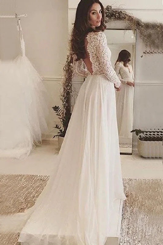 Chic And Edgy Roycebridal Fabulous Ivory Lace Chiffon Long Sleeves Backless V-Neck Wedding Dresses, MW173