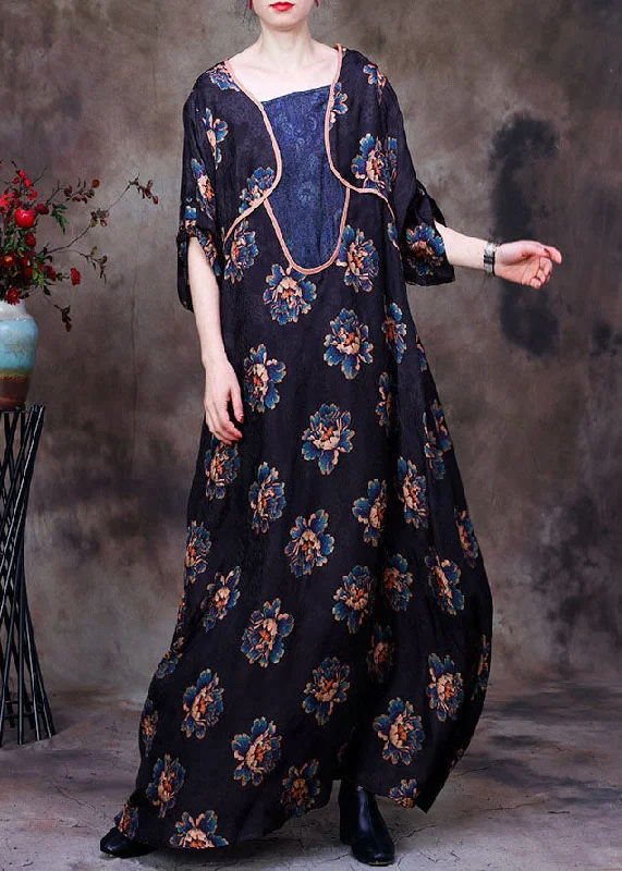 Style Revolution Vintage Navy Asymmetrical Patchwork Floral Print Silk Long Dress Long Sleeve