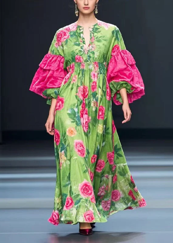 Signature Style Essentials Fine Green Puff Sleeve Floral Silk Velvet Maxi Dresses Fall