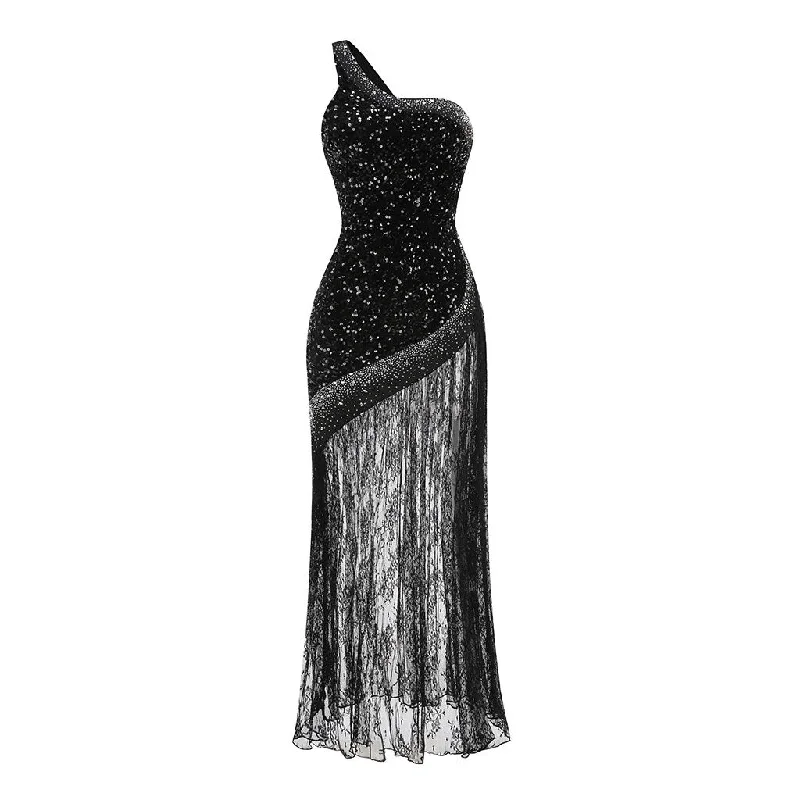 Affordable Fashion for Women Asymmetrical One Shoulder Crystal & Sequin Embellished Velvet Lace Maxi Dress