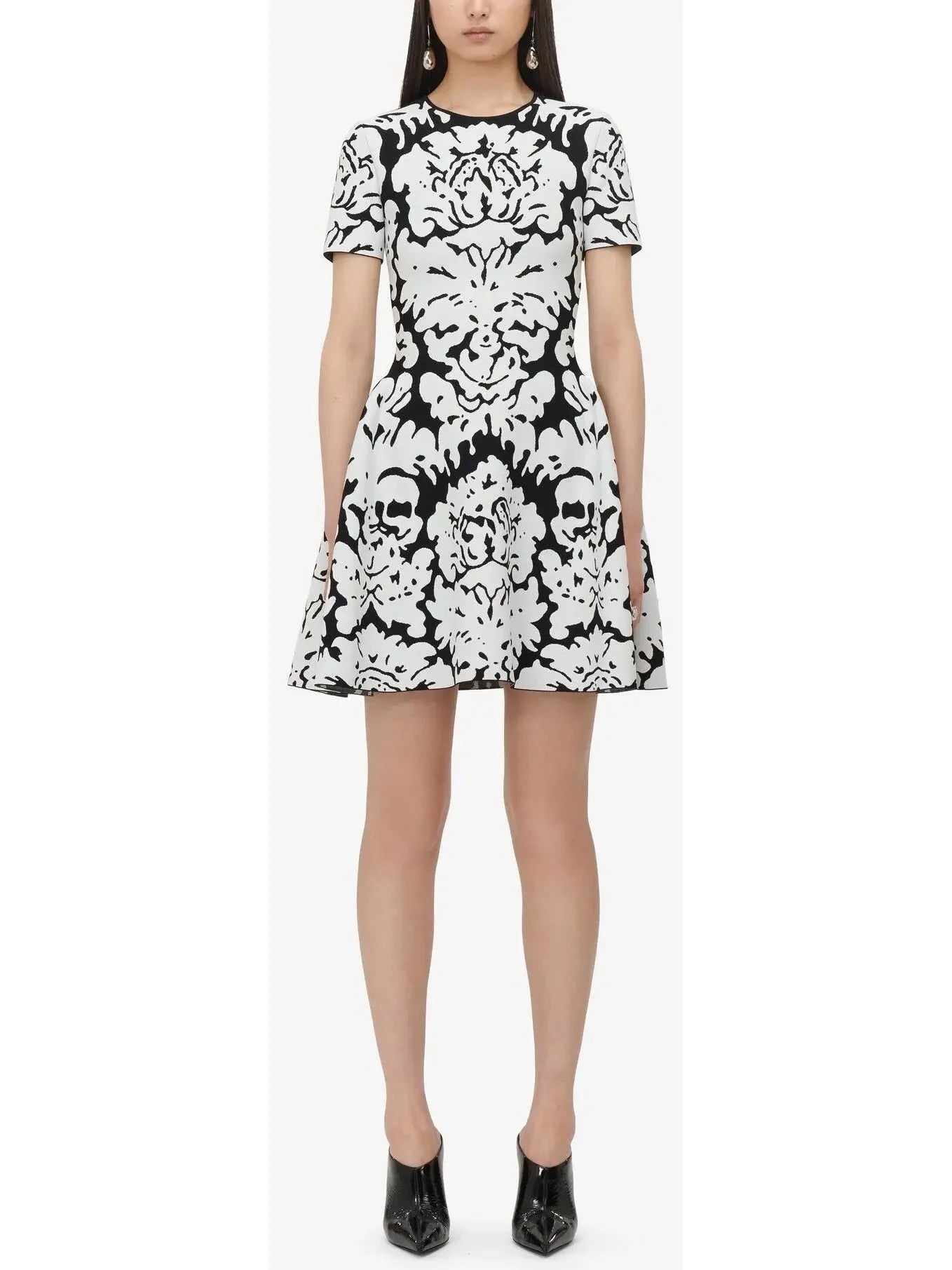 Trend Forward Threads Damask Jacquard Mini Dress in Black and White