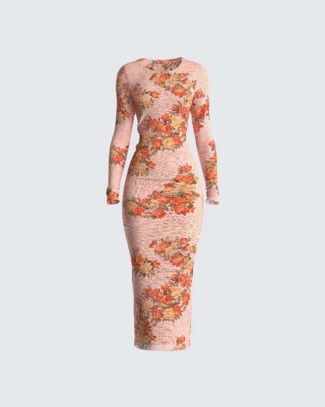 Feminine Dresses for Women in Bold Prints Gardenia Rose Print Mesh Midi Dress