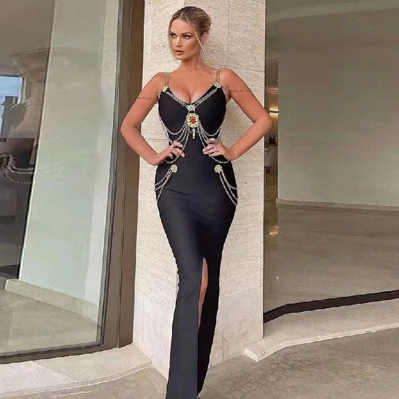 Workwear Fashion for Women Vintage Gold Chain Strappy Deep V Evening Maxi Dress - Black