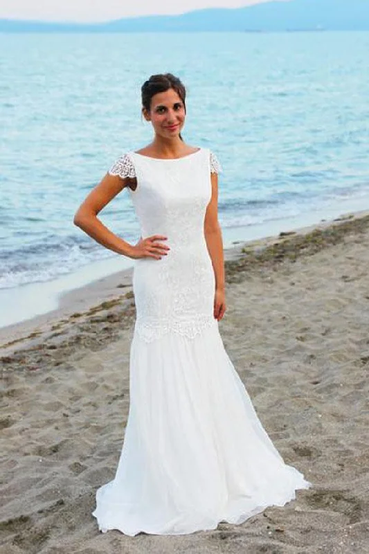 End Of Season Sale Roycebridal White Cap Sleeves Scoop Neck Open Back Lace Beach Wedding Dresses, MW199