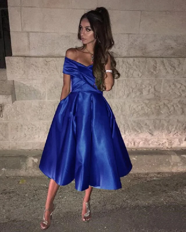 Women's Clothing Stores Royal Blue Knee Length Off the Shoulder Girls Homecoming Dress Short Graduation Dress SP0509