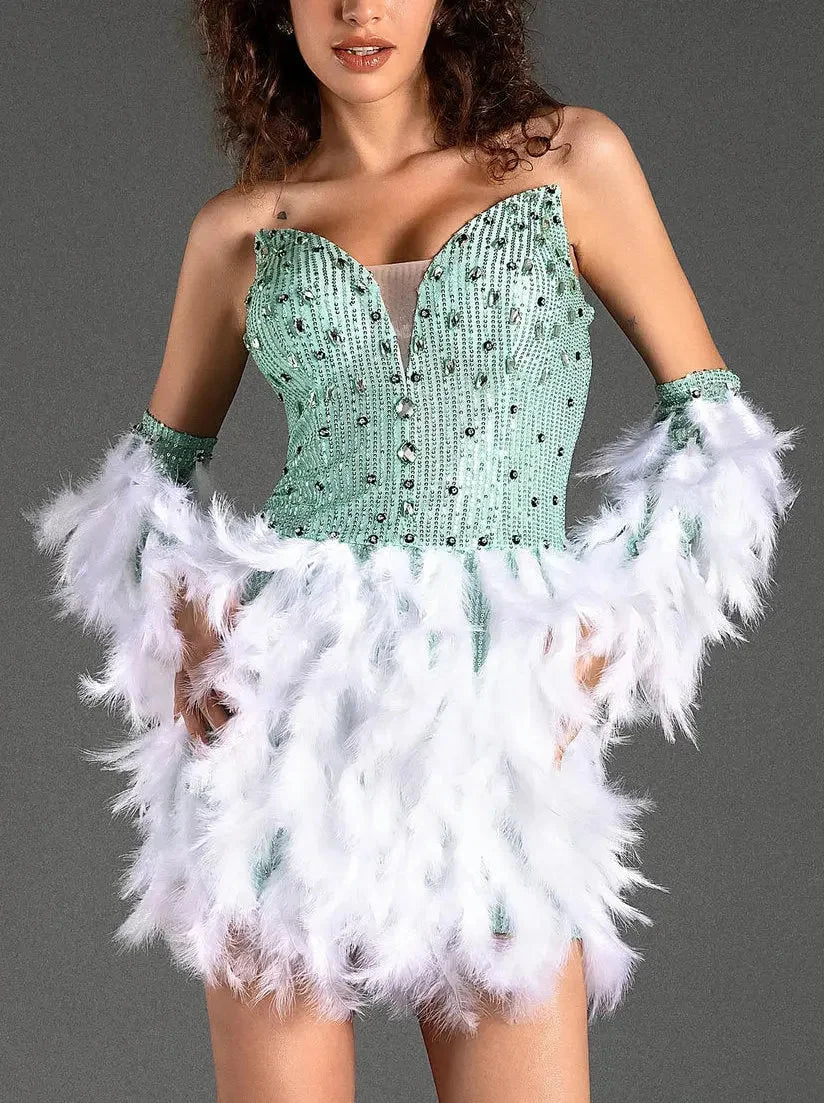 Big Discounts Embellished Strapless Feather Mini Dress with Matching Gloves