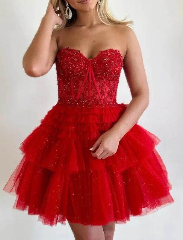 Crazy Discounts, Hurry Up Women Tulle Lace Prom Dresses Short Cocktail Gowns Girls Sweetheart Homecoming Dresses Short Graduation Dress YHD238