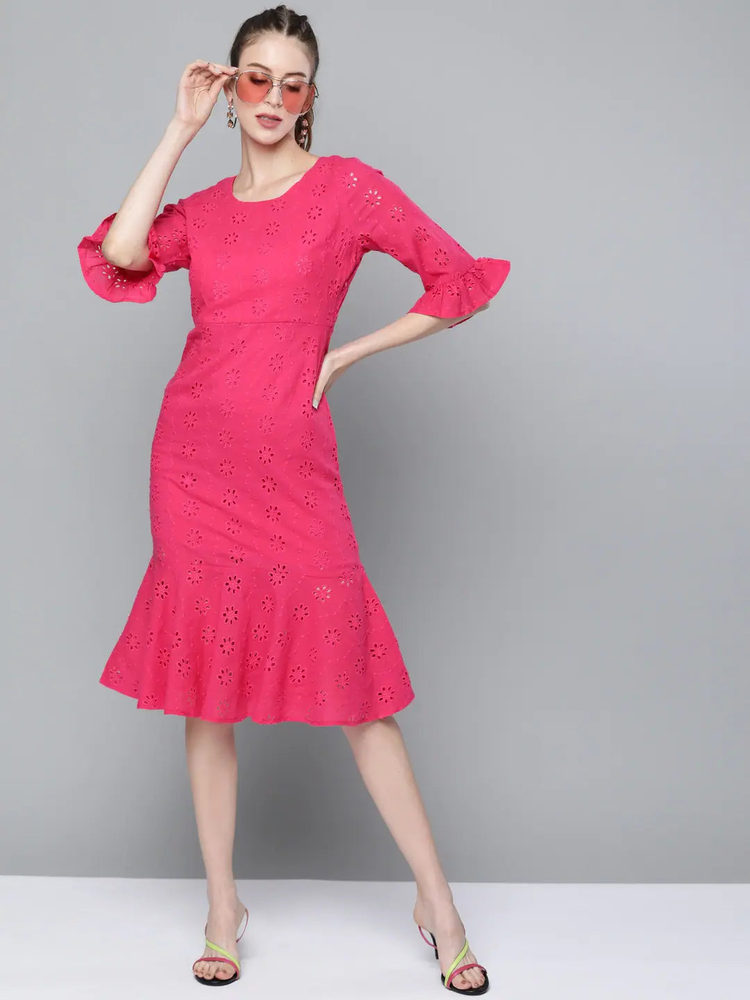 Seasonal Picks Fuchsia Schiffli Frill Hem Midi Dress