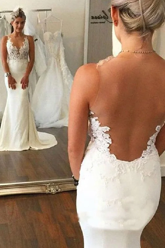 Vintage Women’s Fashion Roycebridal White Lace See Through Mermaid Open Back Wedding Dresses, MW203