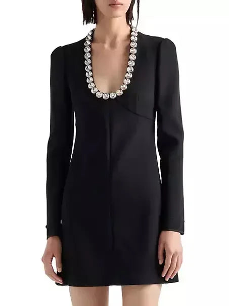 Season Offer Rhinestone Scoop-Neck Long-Sleeve Black Mini Dress