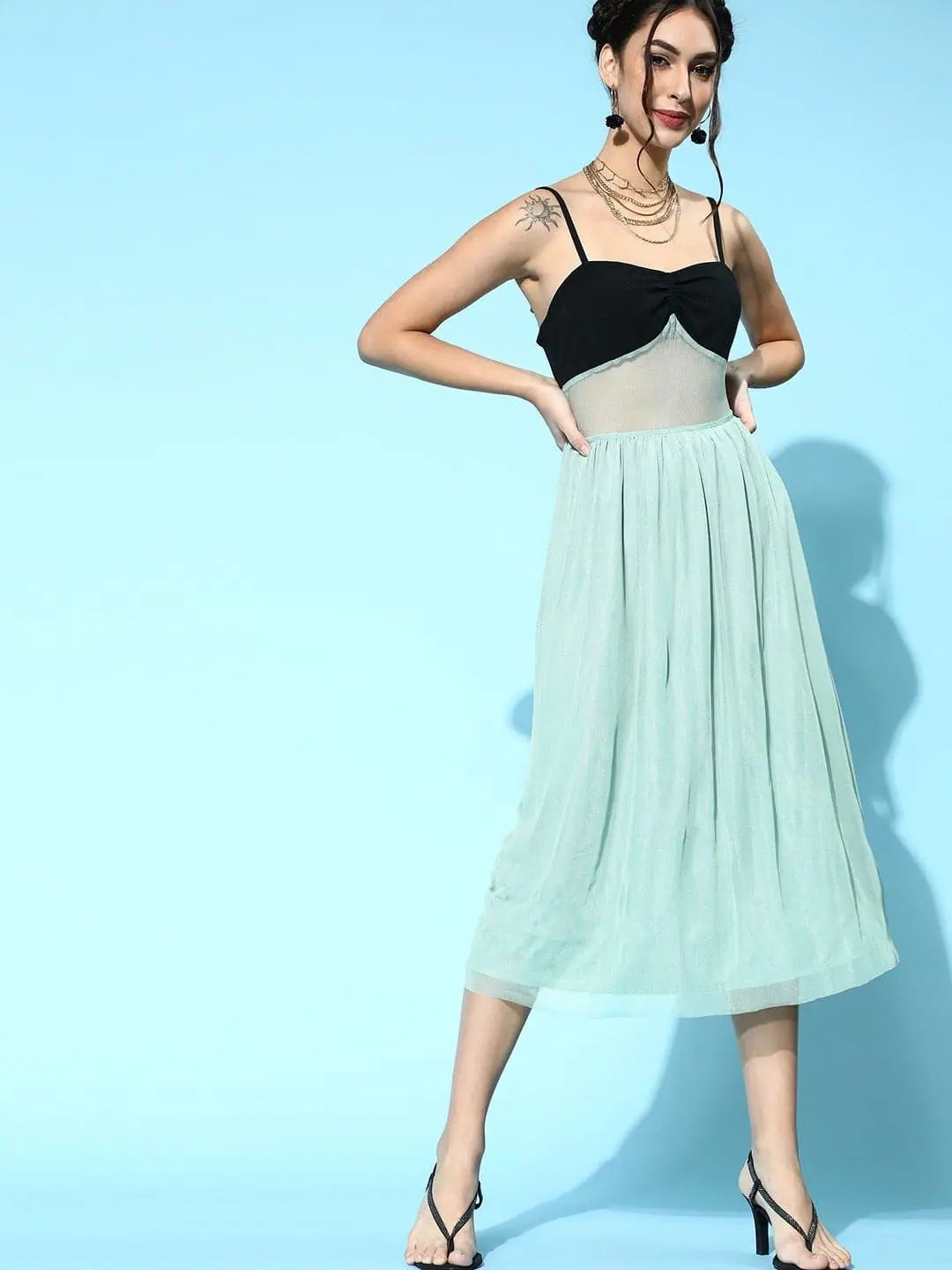 Chic And Edgy Sea Green Mesh Strappy Midi Dress