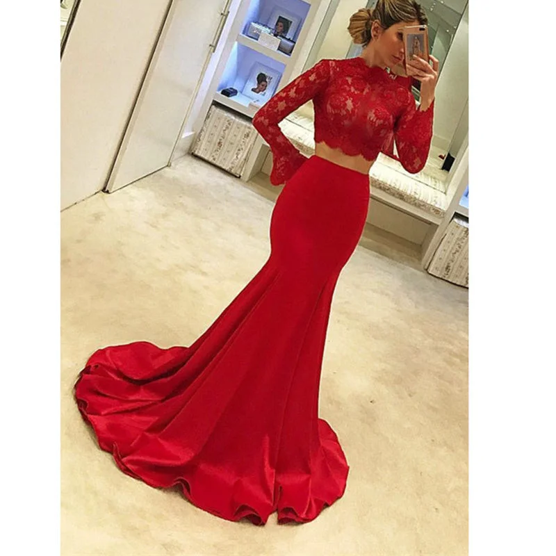 Trendy Street Style Attire Elegant Red Long Sleeves Prom Dress two/2 Pieces ,Crop Top Long Graduation Girls Formal Gowns,Evening Party Dresses