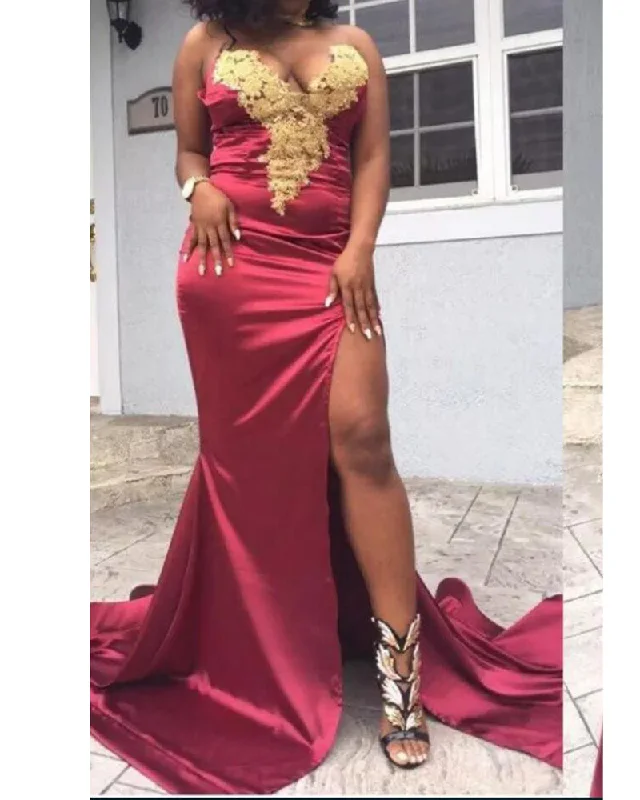 Hot Picks Mermaid Burgundy Prom Dress with Gold Lace Sexy Slit African Girls Evening Long Gown