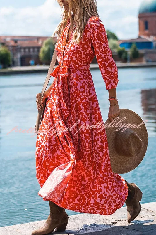 Additional Time-Limited Offers Lapel Slit Floral Print Lace Up Button Maxi Dress