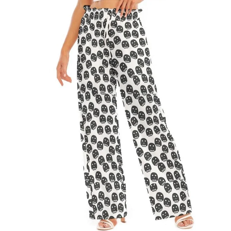 Must-Have Styles Women's Black Skulls Waist Ruffle Edge Wide-leg Pants